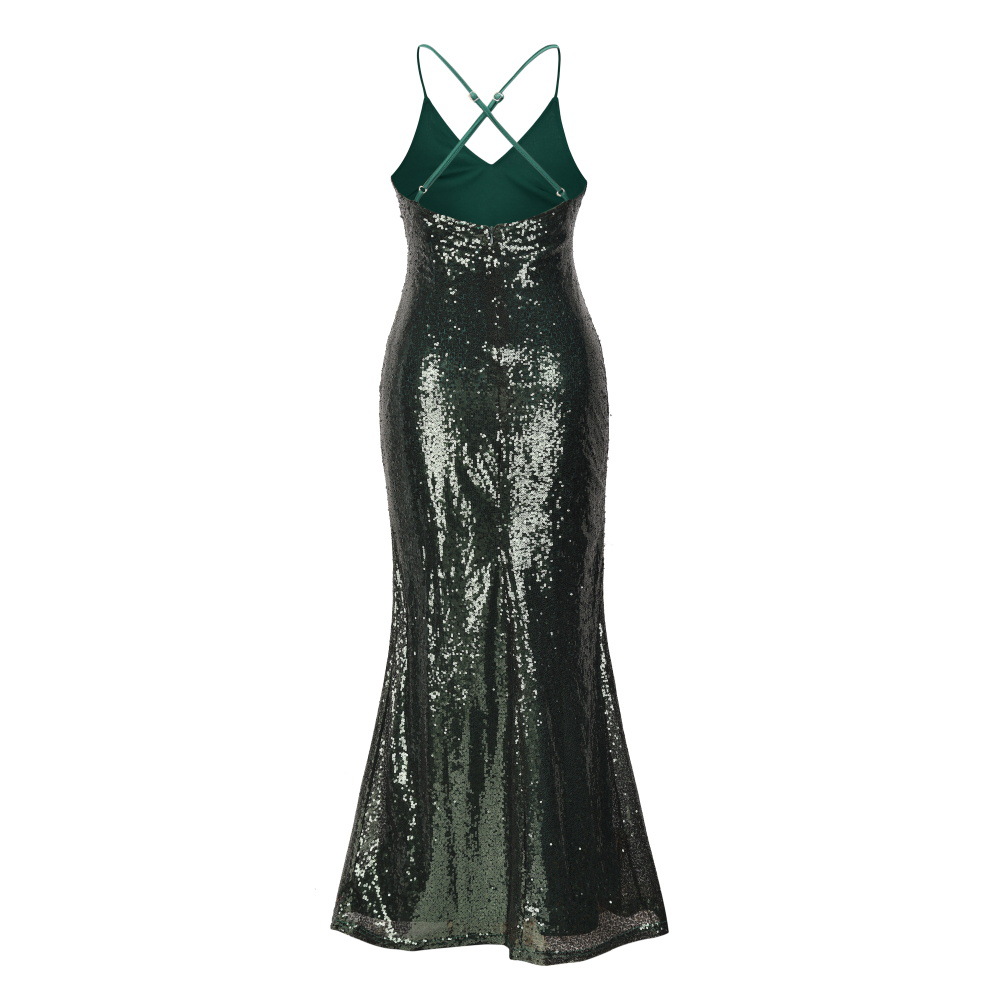 SZ60256-3 Green Sequin Cross Back Fishtail Maxi Dress